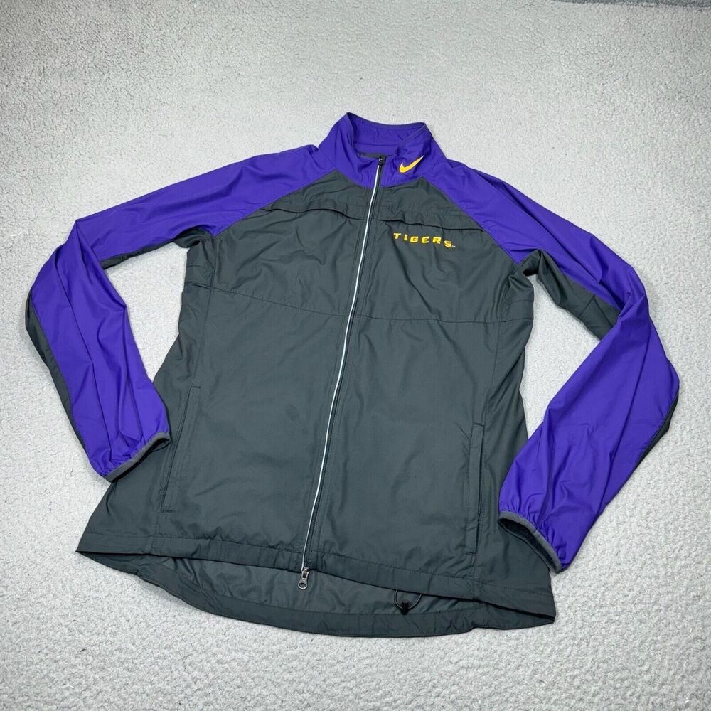 LSU Tigers Jacket Womens Large Gray Purple Nike Windbreaker Full Zip Reflective